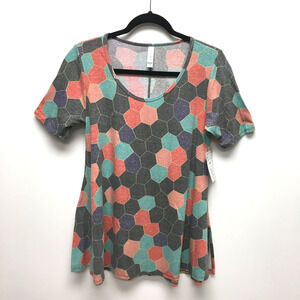 LuLaRoe Womens Multicolor Geometric Print Scoop Neck Side Slit Perfect T-Shirt S